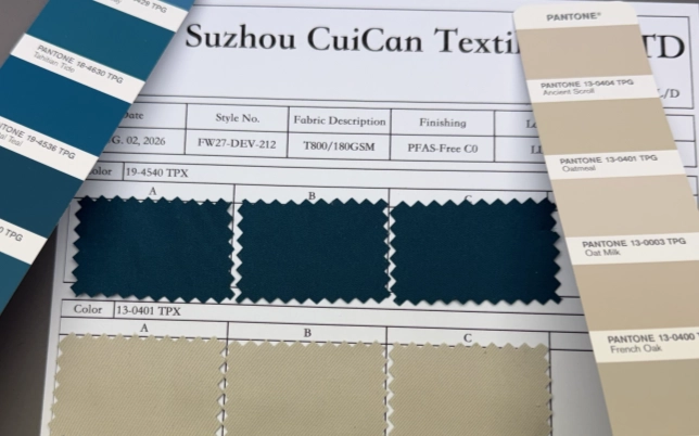 Pantone references and lab dips used for colour approval
