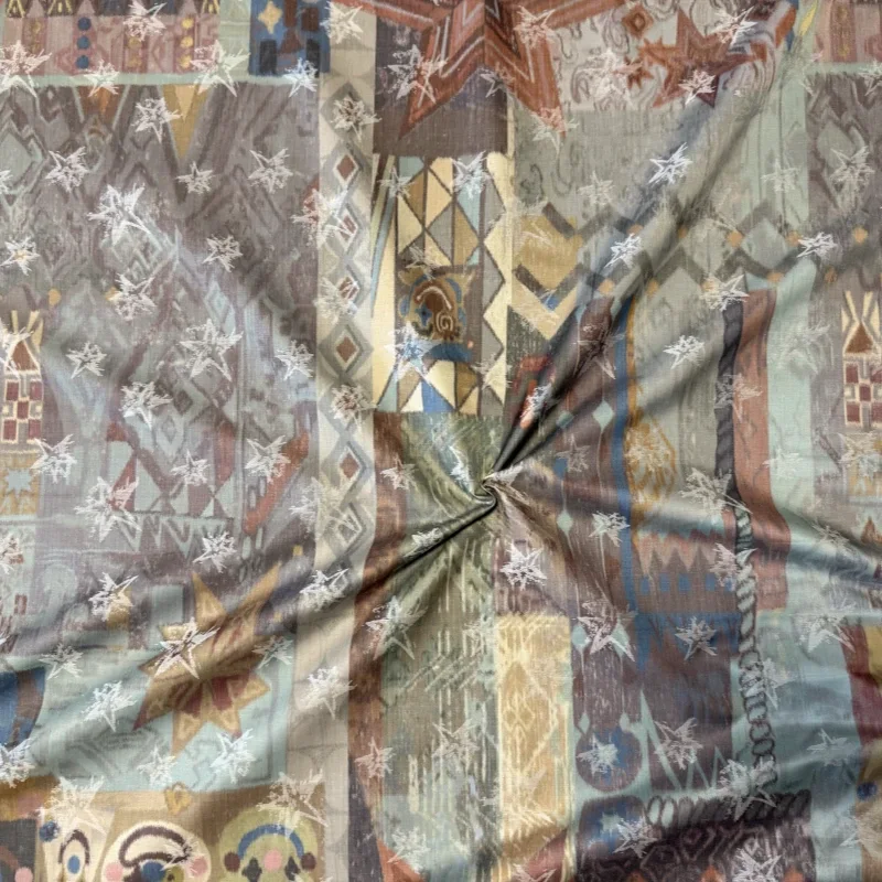 Woven fabric swatches beside a ruler and a fabric specification sheet