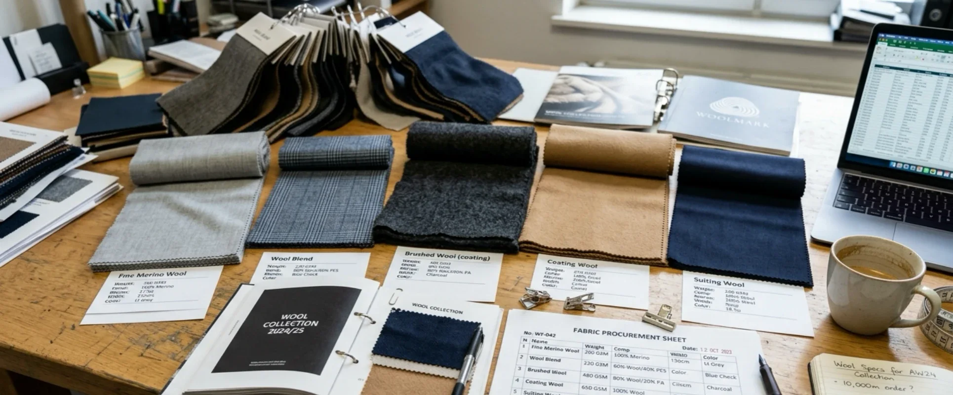 Apparel buyer comparing Merino wool and wool-blend fabrics for garment sourcin