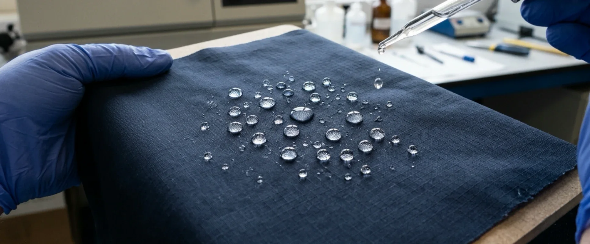Water droplets on lightweight woven nylon fabric during a surface water-repellency check