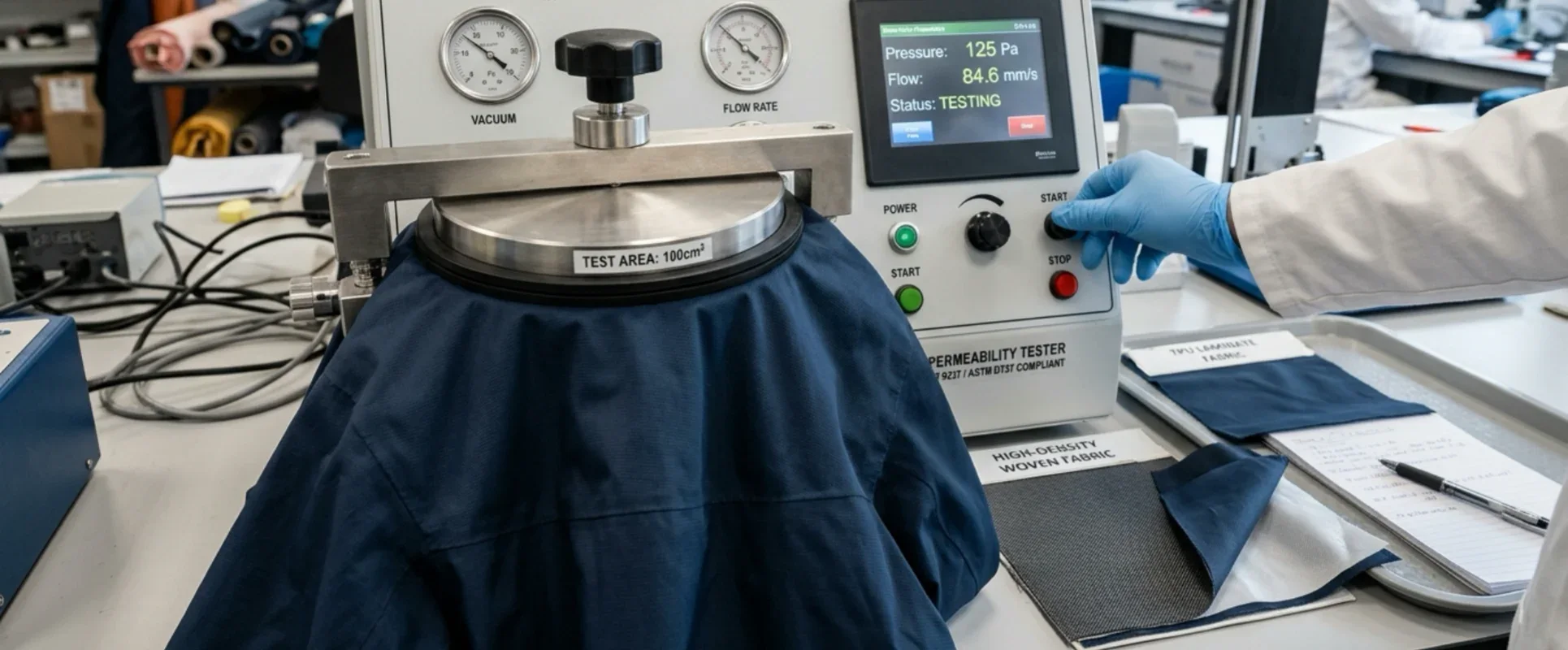Air permeability testing of woven fabric for windproof outdoor jackets